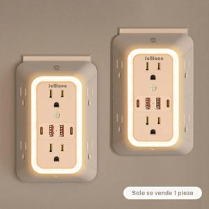 2 Pack Expansor de toma de pared con Protector contra sobrecargas, Tira de alimentación de 6 tomas con 4 puertos de carga USB y Luz nocturna, Uso seguro certificado Etl