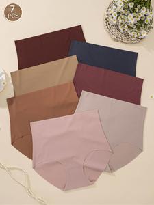 Paquete de 7 bragas triangulares sin costuras y cómodas de cintura alta para mujer, ropa interior casual para uso diario, tela suave y transpirable