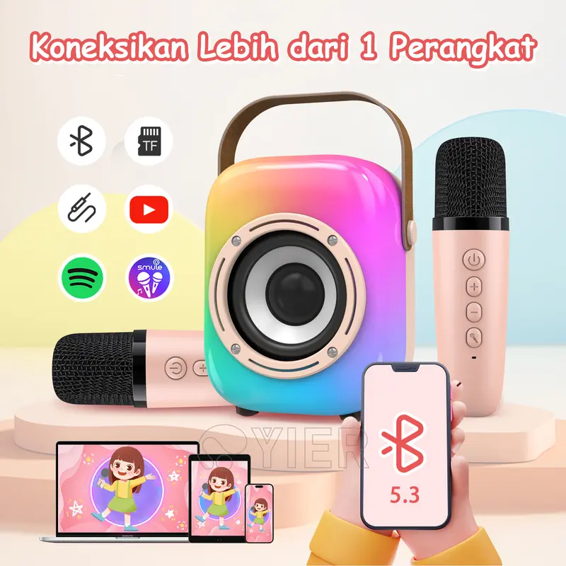 Speaker Mic Karaoke Speaker Mini 2 Mic Bluetooth Speaker Karaoke Wireless karaoke Bluetooth Full Bass Portabel RGB LED Microphone Machine Jam Ponsel 3