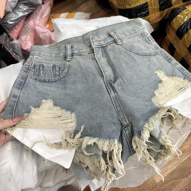 Quần short jean nữ túi lồi tua rua rách gấu màu xanh bụi [CHĂMCHĂMM65] Women quân  shortnữ quan 6