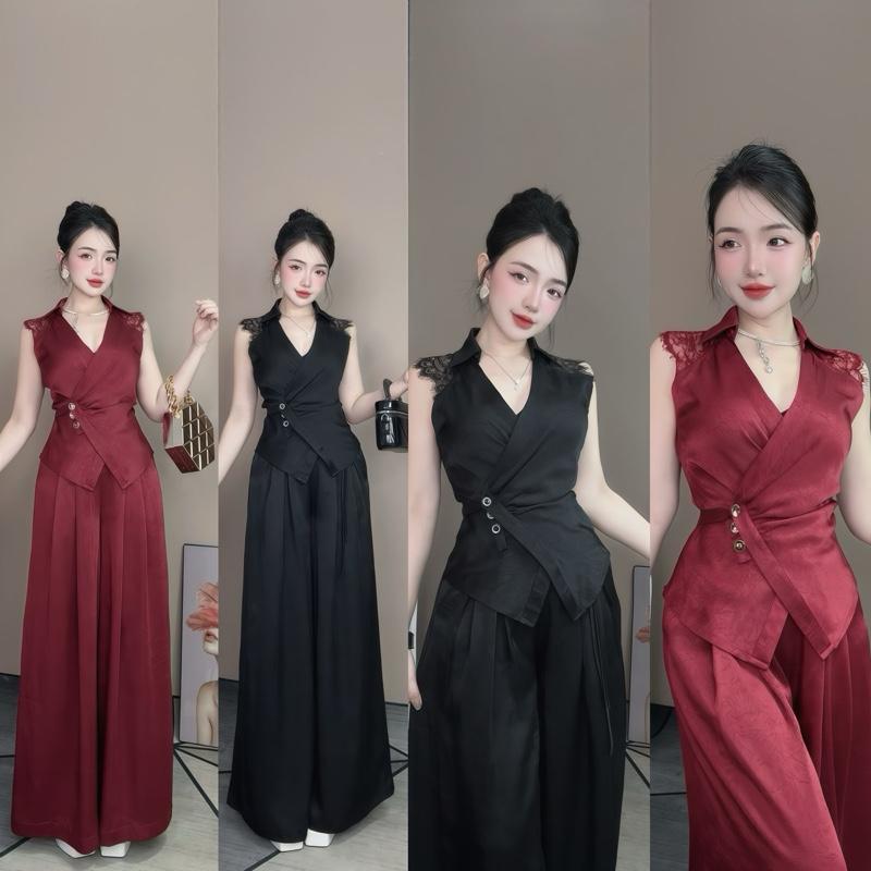  Bộ áo gile vải lụa phối ren + quần suông rộng  Không kèm phụ kiện  . Tk Ngọc Dung Store 