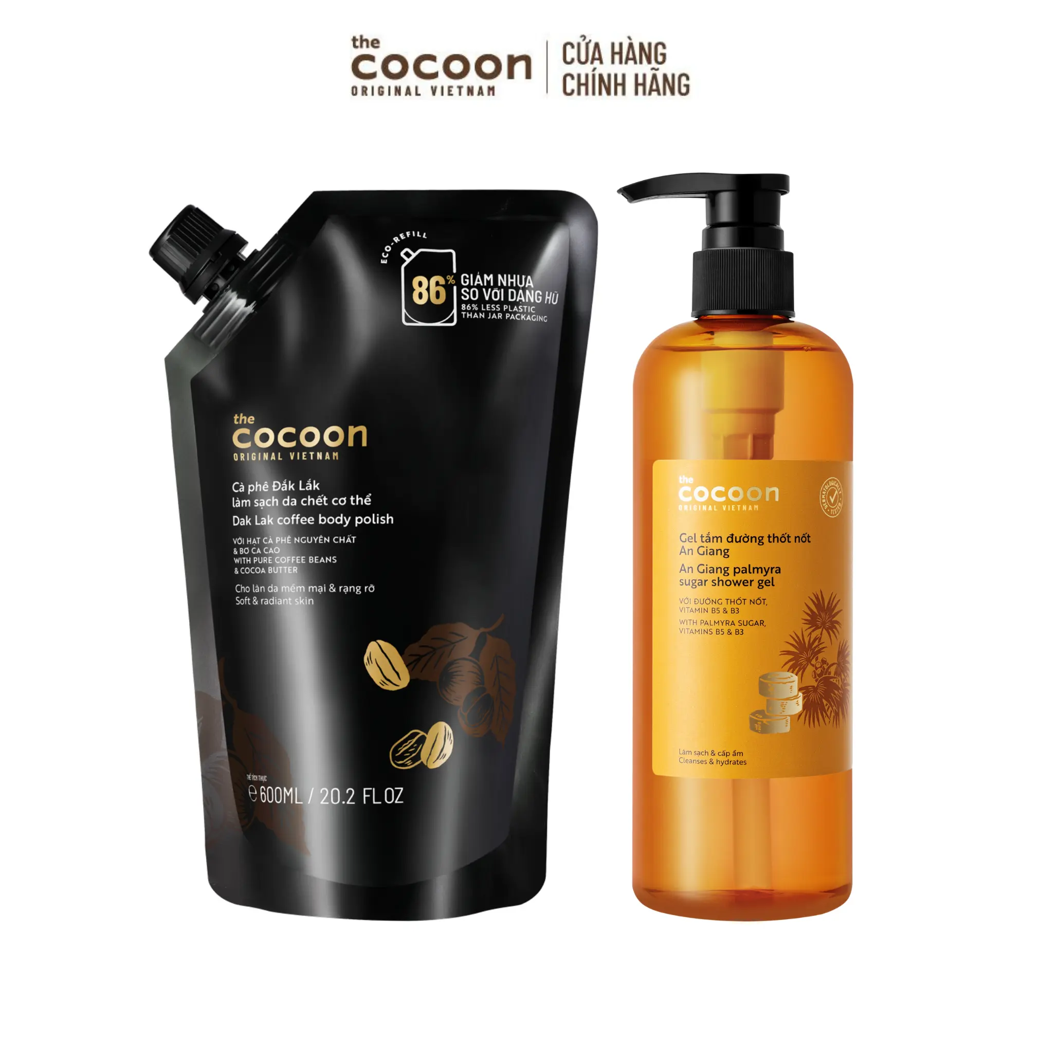 Ảnh đại diện COMBO 1 Túi Refill Cà phê Đắk Lắk làm sạch da chết cơ thể Cocoon 600ml + 1 Gel tắm đường thốt nốt An Giang Cocoon 500ml