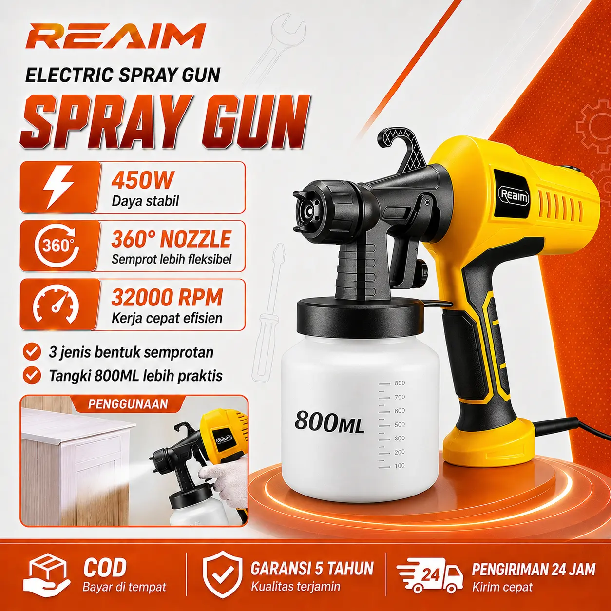 REAIM Spray Gun Cat Semprot Listrik 800ML 450W Mesin Cat Semprot Listrik Alat Semprot Cat Electric Spray Gun Spraygun Elektrik