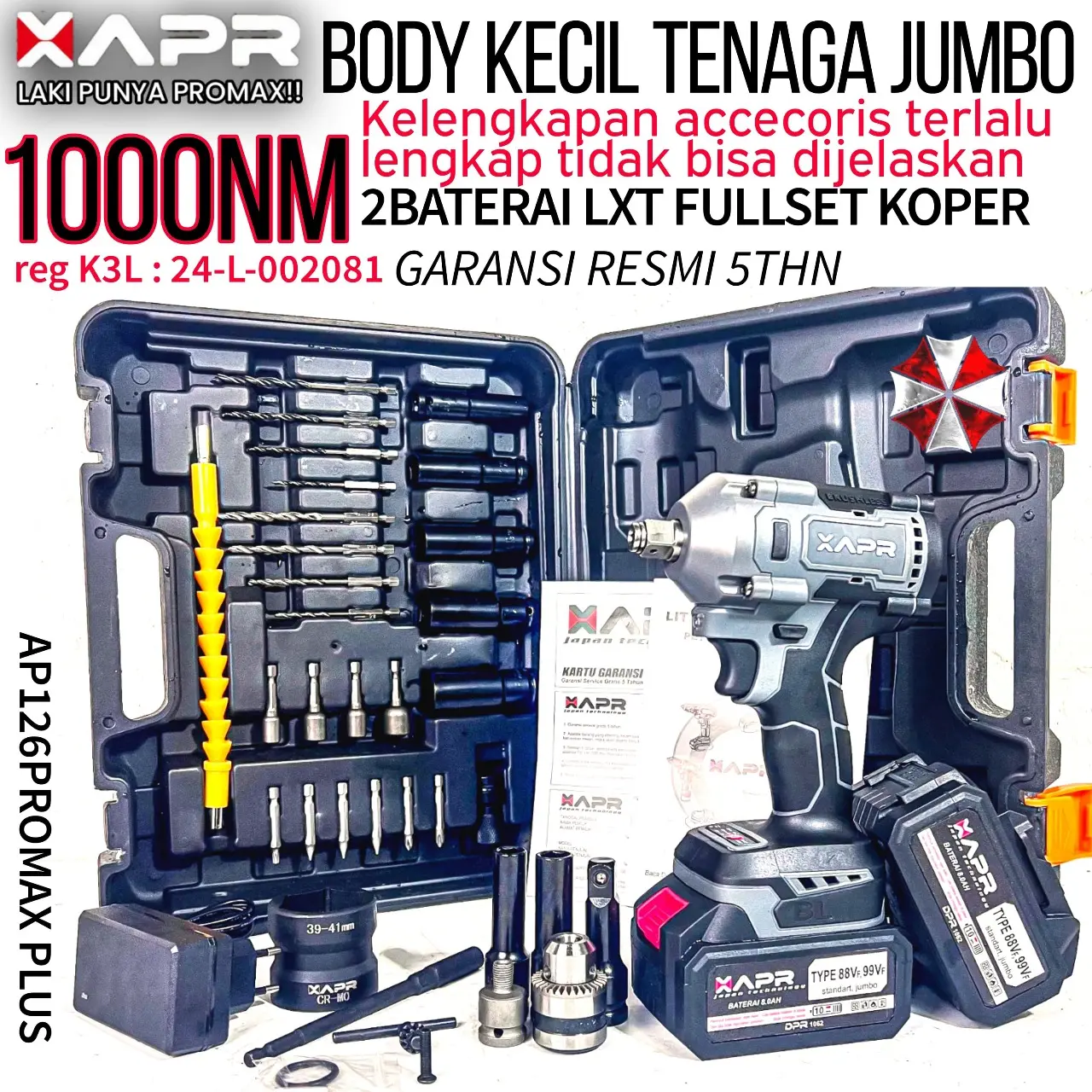 APR BOR IMPACT WRENCH AP126 PROMAX PLUS 1000NM BODY KECIL TENAGA JUMBO FULLSET KOPER 2 BATERAI PEMBUKA BAUT RODA MOTOR MOBIL