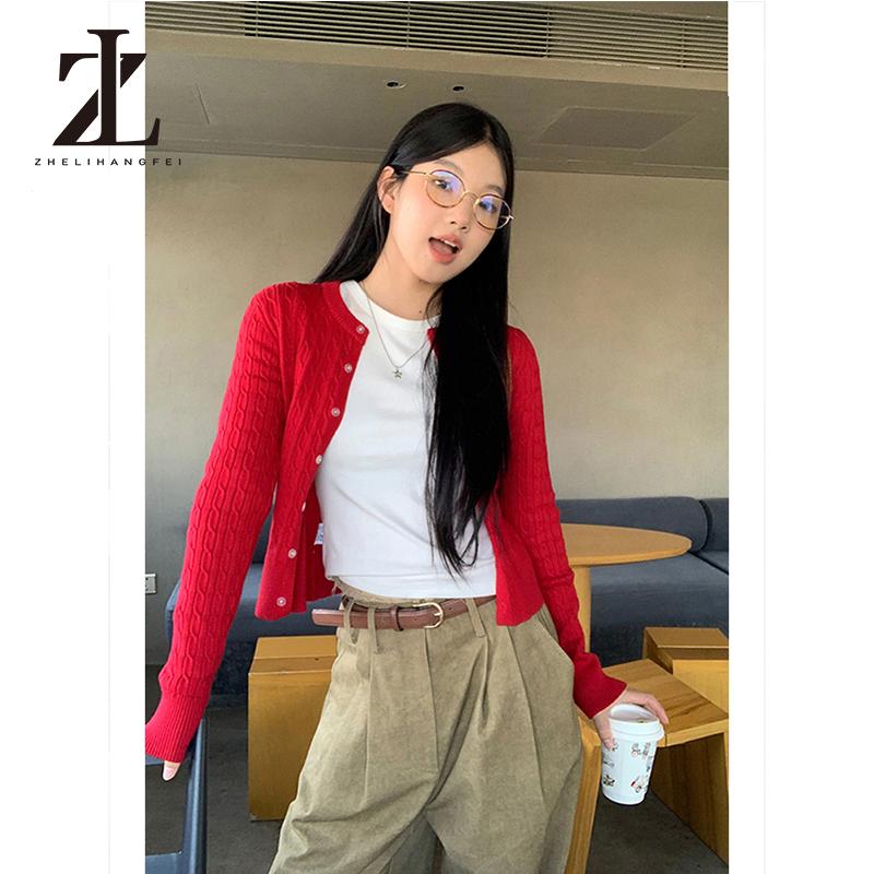 [Chất Lượng Cao] Áo cardigan dệt kim màu đỏ tay áo dài bên trong áo khoác ngắn lót áo len lười biếng