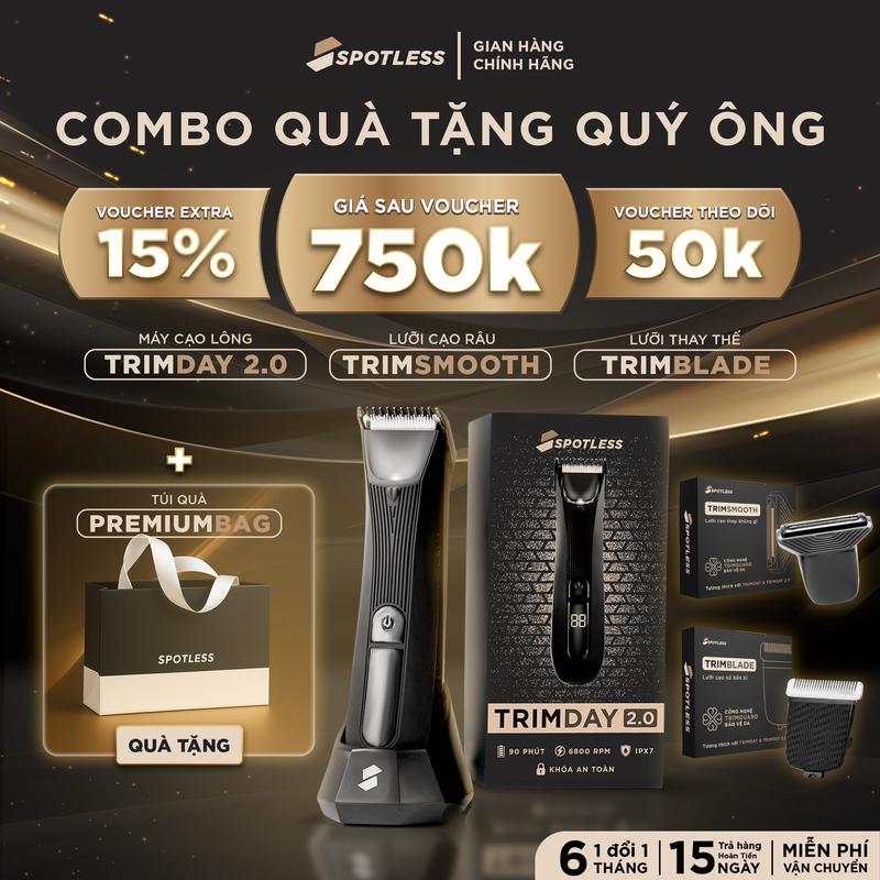[Che Tên] Combo Quà Tặng Quý Ông SPOTLESS Gồm Máy Cạo Lông Vùng Kín TRIMDAY 2.0, Lưỡi Cạo Thay Thế TRIMBLADE, Lưỡi Cạo Sát Da TRIMSMOOTH, Túi Quà BH 6 tháng 1 đổi 1