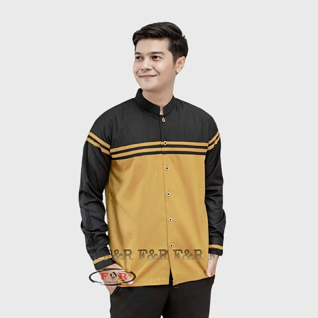 Baju Koko Pria Lengan Panjang Motif Zebra Warna Kuning Kombinasi Hitam S M L XL