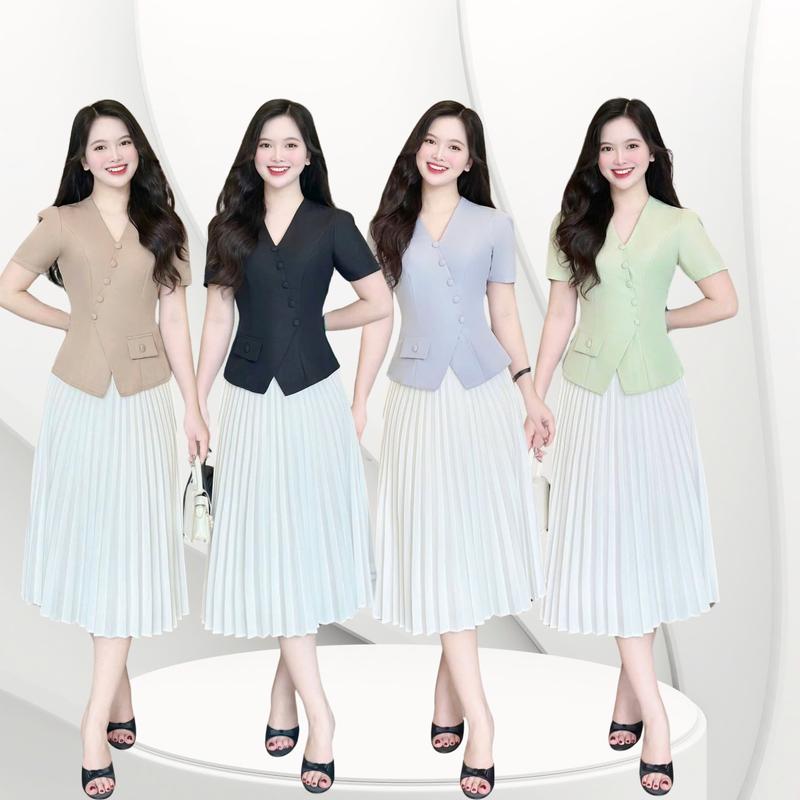 Áo nữ KHÔNG KÈM VÁY công sở thiết kế Nhật Vy cổ V tay ngắn nút bọc xẻ tà cách điệu chất lụa phù hợp dự tiệc đơn giản - D3249