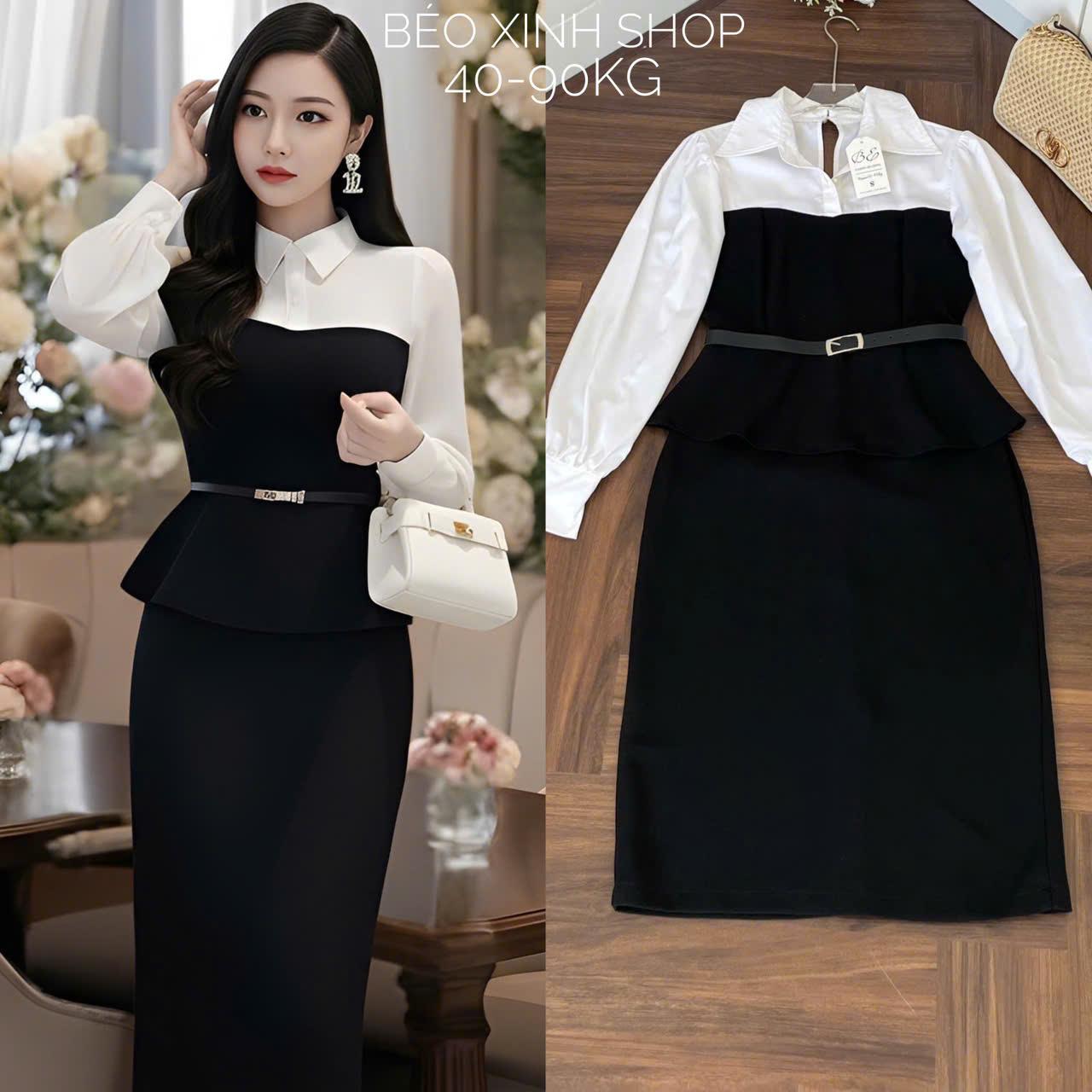 Đầm Dự Tiệc Thiết Kế Phối Cổ Sơ Mi Trắng Kèm Thắt Lưng (Vải Tuyết Mưa) Cao Cấp Thanh Lịch Sang Trọng Cho Các Nàng Bigsize 40–90kg Thời Trang Nữ Béo Xinh Shop - A.1634