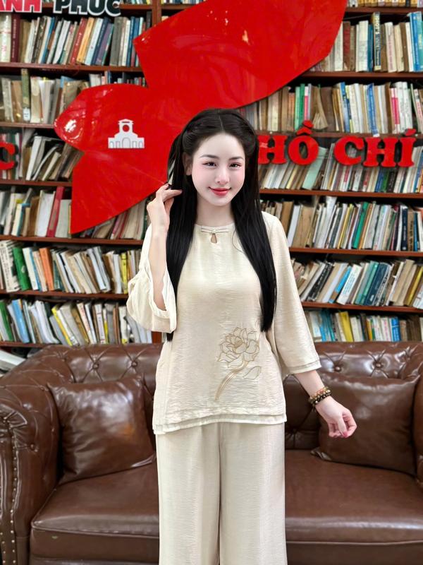   SEN HỒNG  Set pháp phục nữ - bộ đồ Phật tử - quần áo đi chùa cổ giọt lệ thêu sen G33 