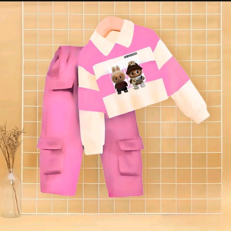 Baju labubu anak lengan panjang set celana joger model kerah usia 3-12 tahun Setelan Fashion 6