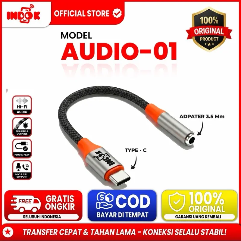INDOK Kabel Adapter Audio-01 Converter Jack 3.5mm To Type C Model Audio-01 suport semua hp Garansi 12 Bulan