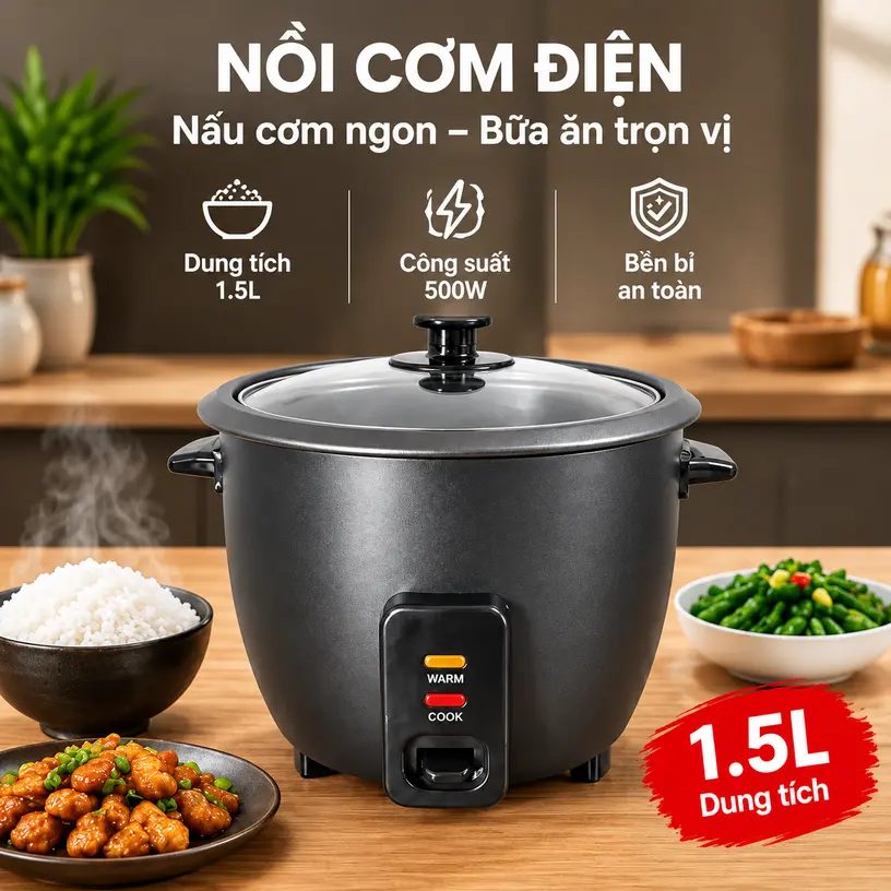 Nồi Cơm Điện 1.5L Công Suất 500W Nấu Cơm Ngon Giữ Nhiệt Tự Động Tiết Kiệm Điện Cho Gia Đình Nhỏ Thiết Kế Nhỏ Gọn Tiện Lợi Dung Tích 1.5L