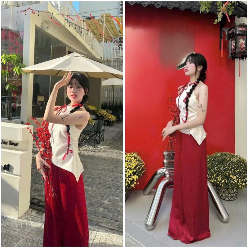  Sét đồ nữ 2 món áo kiểu sát nách cổ yếm đính nơ nhấn eo kèm quần suông dài mềm mịn thiết kế trẻ trung nữ tính 