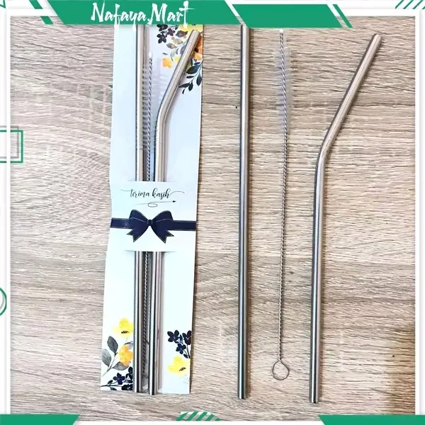 Sedotan Stainless 3 in 1 Lurus Bengkok dan Sikat Stainless Steel Souvenir