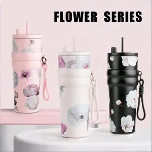 Tumbler Viral Tumbler Vacuum Free Sedotan Tali Motif bunga / Termos Botol Tumbler 710ml Stainless Steel SUS 316