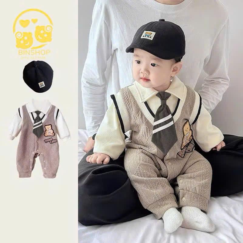 Body công tử chất trần bông cho bé trai dài tay thu đông bodysuit cho bé liền thân hình gấu mẫu quần áo sơ sinh 0-12M