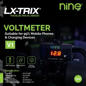 Nine LX-Trix Voltmeter V1 Digital LED Anti Air Waterproof untuk Aki Motor dan Mobil