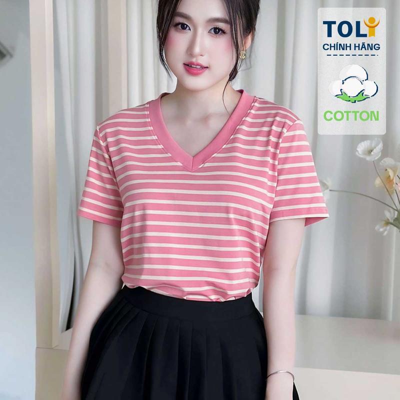 Áo thun nữ sọc ngang cổ V TOLI SV33 – cotton 4 chiều, form suông không kén dáng, dễ mặc mọi lúc