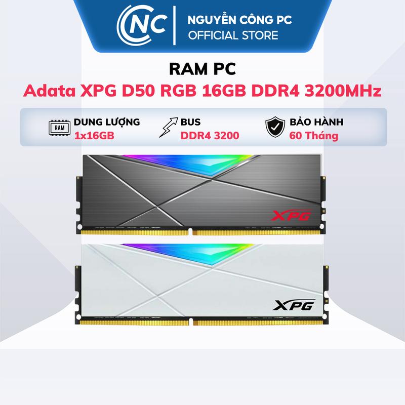 Ram Adata XPG D50 RGB Trắng / Xám 16GB (1x16) DDR4 3200Mhz - BH 60 tháng