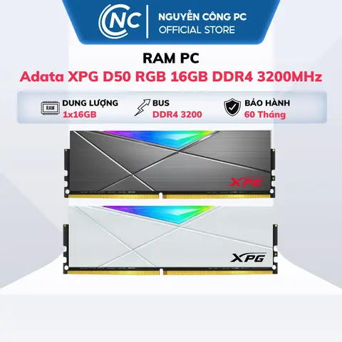 Ram Adata XPG D50 RGB Trắng / Xám 16GB (1x16) DDR4 3200Mhz - BH 60 tháng