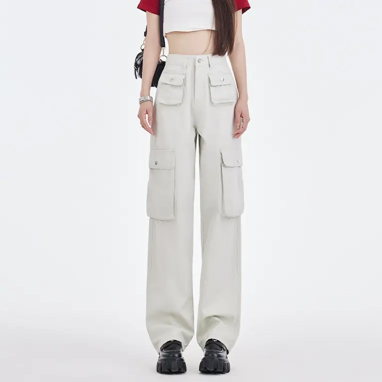 Cargo Jeans Wanita Highwaist Korea Style Krem
