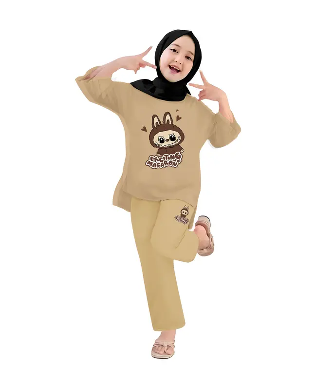 Baju Anak Perempuan - Setelan Kaos dan Celana Panjang Anak Cewek Fashion Pakaian Belah Usia 4-13 Tahun - Motif EXCITING LABUBU Hitam 6