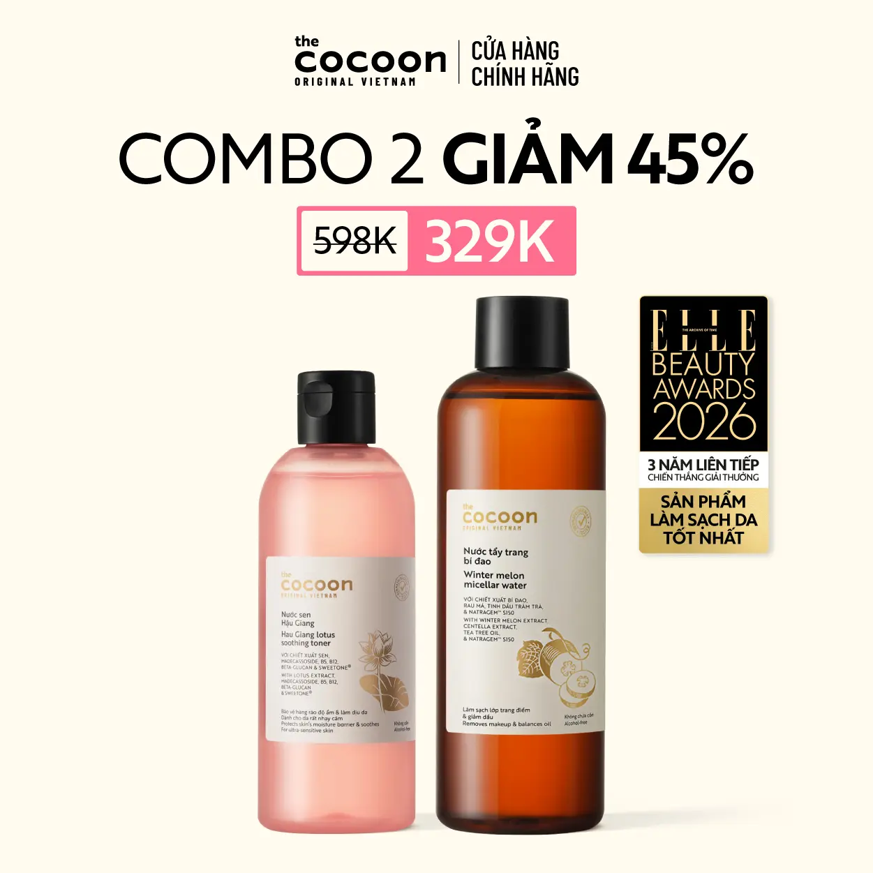 COMBO 1 Bigsize - Nước sen Hậu Giang (toner) Cocoon giúp phục hồi đa nhiệm cho da rất nhạy cảm 310ml + 1 Bigsize Nước tẩy trang bí đao 500ml