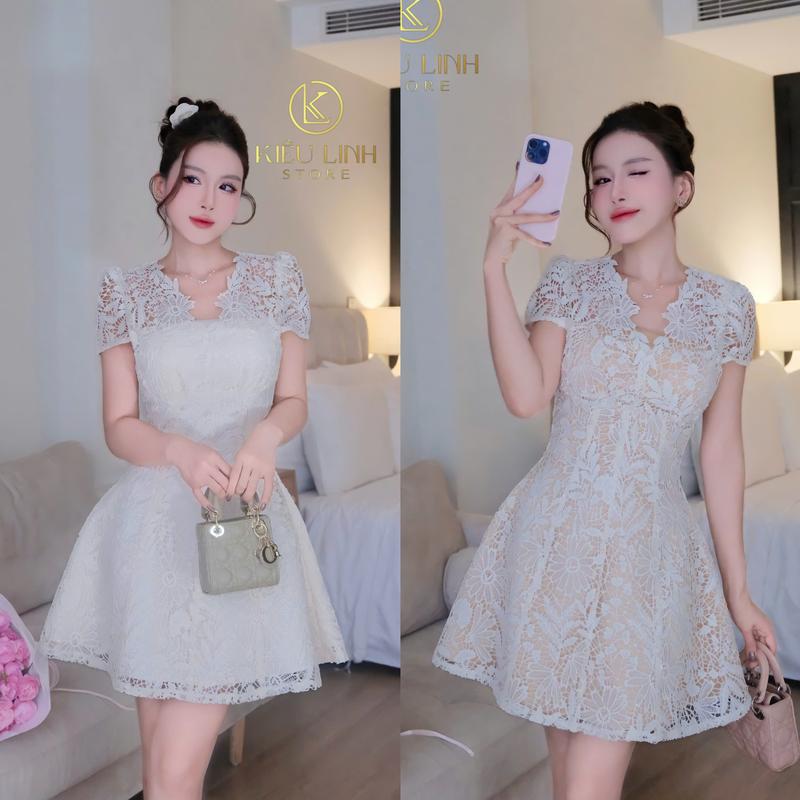   Kiều Linh -Váy Dự Tiệc Thiết Kế Dáng Ngắn KL517 chất liệu Ren Hoa Thêu chân váy Xòe cổ V 2 Lớp Lót Giấu Đường May 