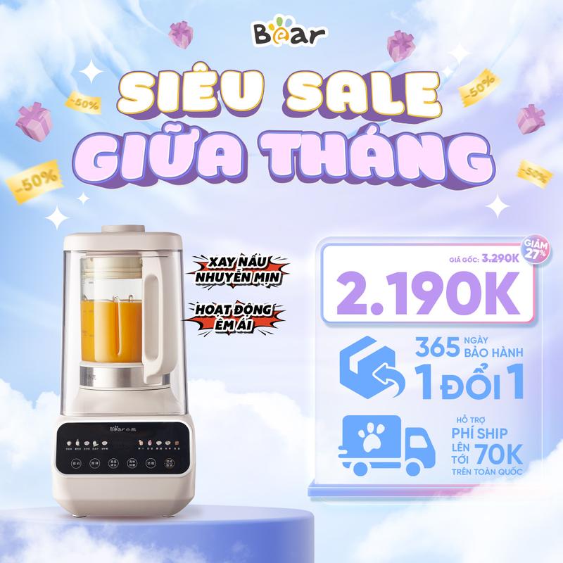 Máy làm sữa hạt chống ồn 1.5L Bear PBJ-D08T1 - Xay sinh tố - nấu nhuyễn mịn, hoạt động êm ái - Hàng Chính Hãng