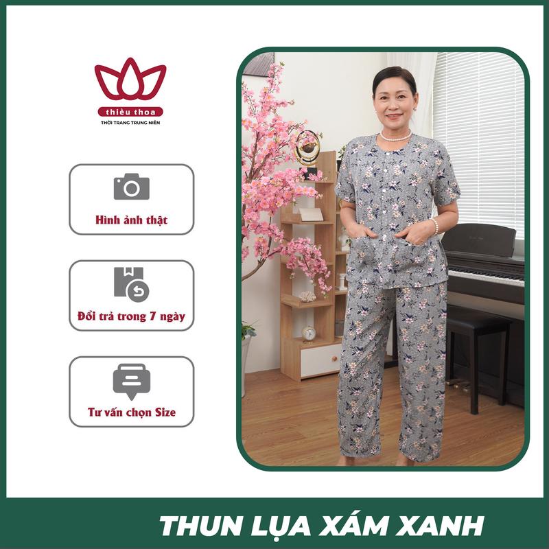 Đồ bộ trung niên nữ Lụa Hàn Cotton Lạnh cho bà mặc nhà bộ đồ cho ngoại chất liệu thun lạnh tay ngắn quần dài cực mát mẻ mua hè Thiều Thoa Voi Sen Nữ Cotton