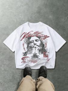 ユニセックス ヴィンテージ風グラフィック半袖Tシャツ 肩落ちオーバーサイズ 快適レトロカジュアルトップス