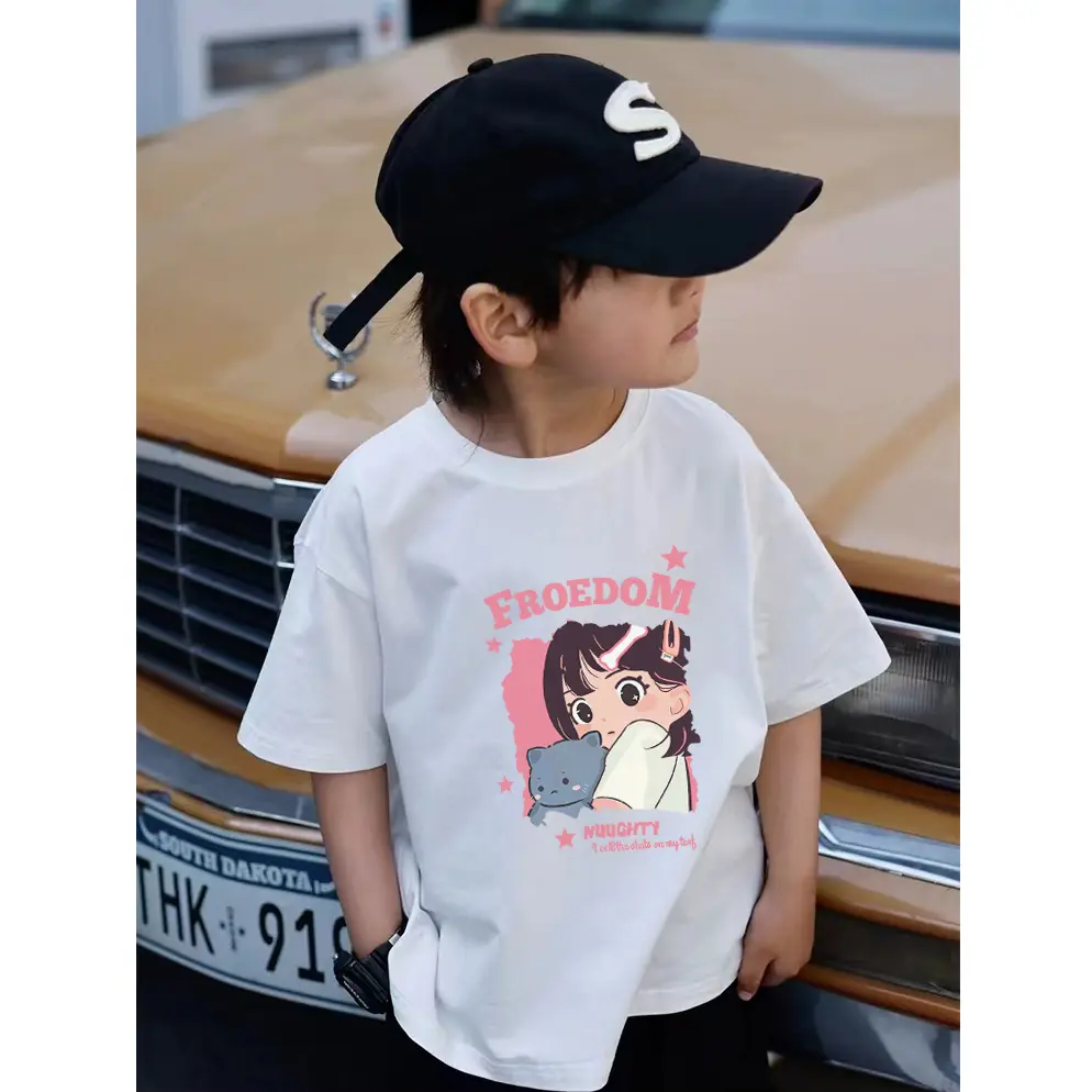 FROEDOM Girls' Cat Embracing Print Summer New Boys and Girls 100% Pure Cotton T-shirt for Small and Medium Sized Children Loose Korean Edition Western style Half sleeved T-shirt