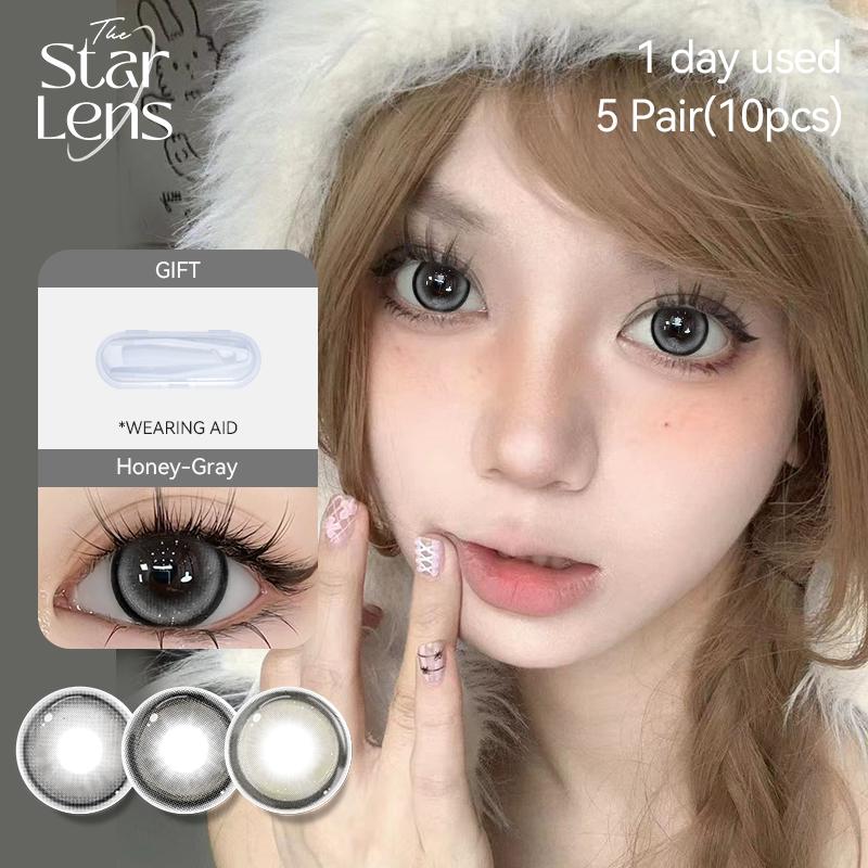 Kính áp tròng Starlens lens hàng ngày Màu đen/Màu xám 10 cái, Đường kính 14.2 / 14.5 Mắt búp bê, Có độ cận thị từ 0,0 đến 8,0