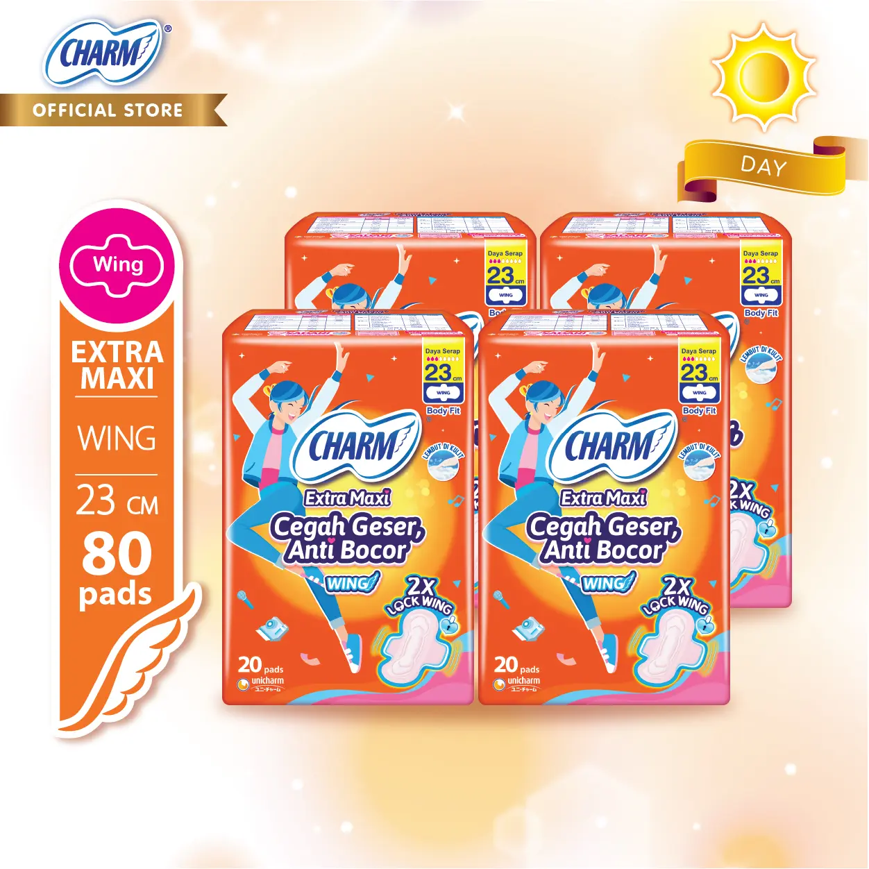 Charm Pembalut Body Fit Extra Maxi 23cm Wing 20 pads - 4 PACK