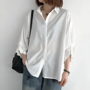 Kemeja Baju Atasan Wanita Model Terbaru Oversize Lengan 3/4 Kerut, Bahan Adem, Kancing Depan Casual Elegan Gaya Korea Look ANELA