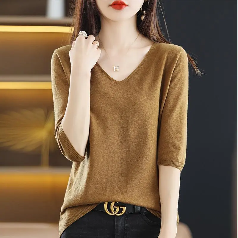 Áo Chui Đầu Cổ Chữ V, Tay Lửng, Mùa Xuân Và Mùa Hè Mới, Áo Sơ Mi Nữ, Phong Cách Hàn Quốc, Dáng Rộng Vừa Vặn, Áo Thun Len Dệt Kim Phong Cách Phương Tây, Áo Sơ Mi Nữ, Mỏng, Quần Áo Nữ Women Top 6