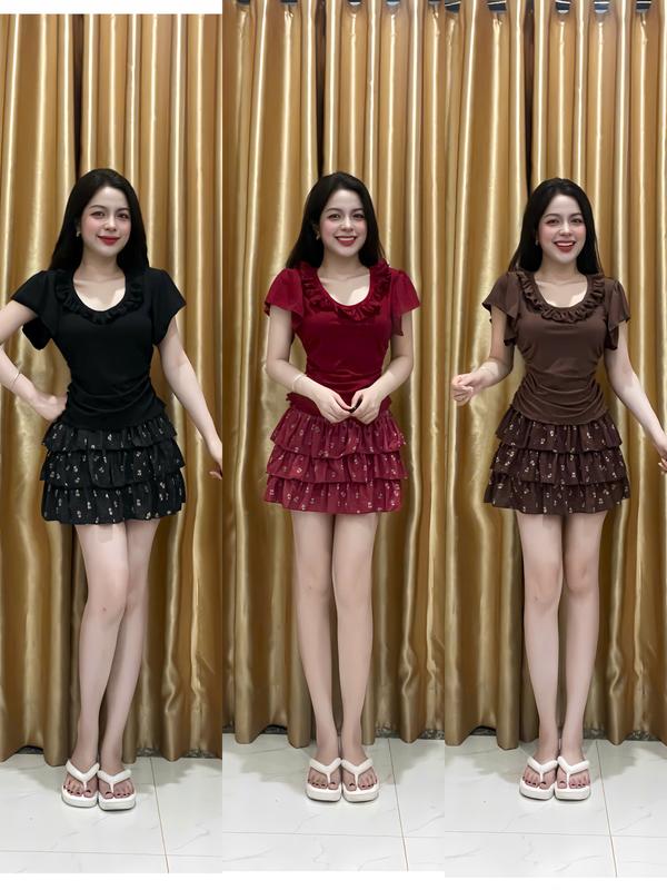set chân váy ngắn với áo cổ bèo dễ thương