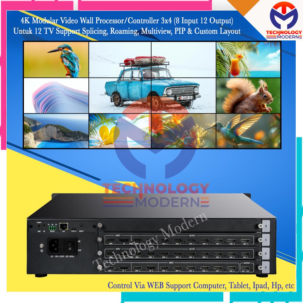 4K Modular Video Wall Controller Processor 4x3 3x4 (8 Input 12 Output) Seamless Switching Support Custom Layout With Control WEB GUI