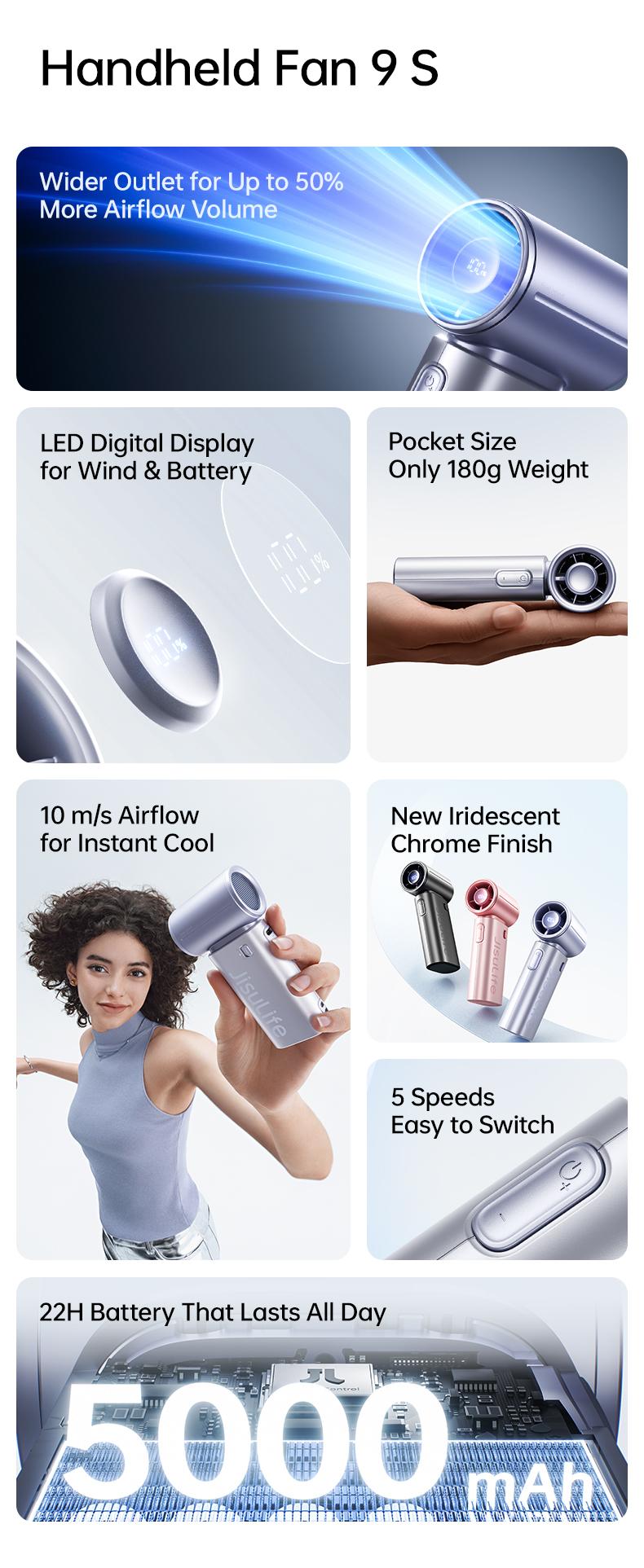 【NEW】Handheld Fan 9S LED Display Mini Portable Jet Fan Rechargeable USB Fans With 5 Gears Strong Wind Suitable For Summer Outdoor Camping