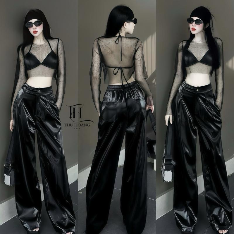 Bộ 3 món da bóng cực chất Nữ - Áo bra buộc dây tự chỉnh, Áo lưới dài tay Mix Quần xuông cạp chun - Pants, Da - THUHOANG4994 Bò