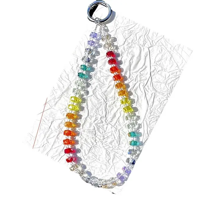 Rainbow crystal phone chain keychain handphone charm phone lanyard wrist strap bead bracelet Cellphone