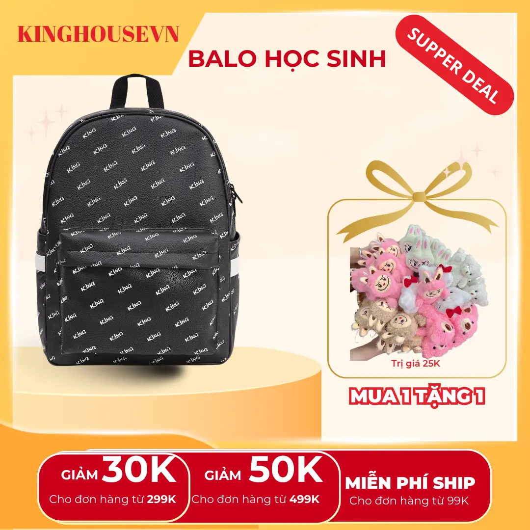 Balo Da Unisex Chống Nước Balo Backpack King 1 Và Kẹo trái cây 4 vị -Màu Đen Đeo Vai (COMBO 2 MÓN)