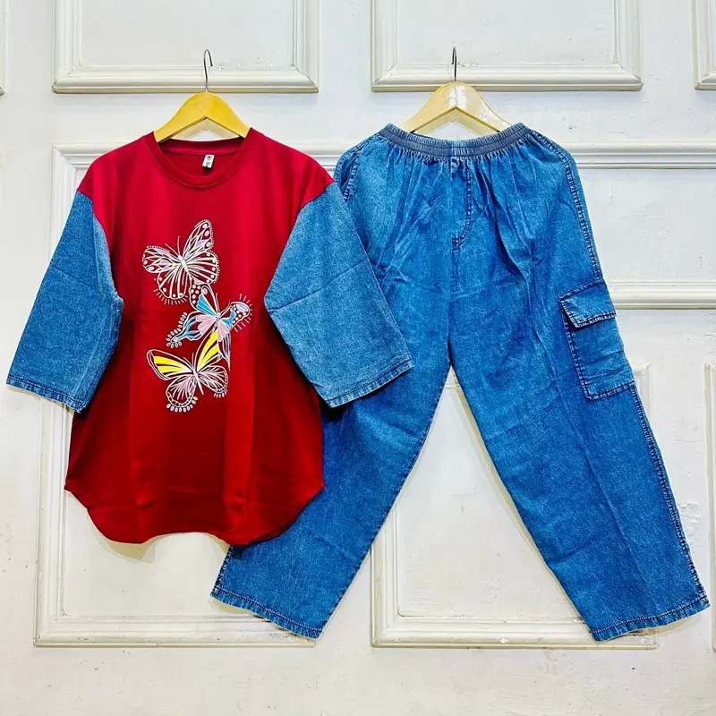 Baju Setelan Jeans Wanita Jumbo LD 120 Dewasa Atasan Kaos Combed 24s, Bawahan Celana Jeans Kulot Cargo Panjang Motif Sablon Adem dan Nyaman 8