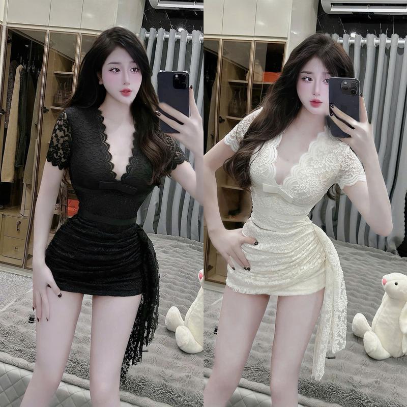 Set đồ nữ ren áo thiết kế cổ chữ V tay ngắn đính nơ kèm chân váy body phối vạt Có Lót sang chảnh dành cho các nàng diện đi chơi đi tiệc.