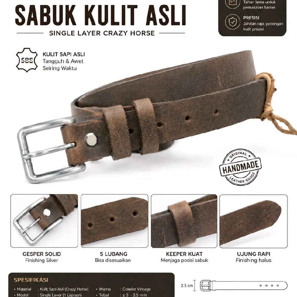 Ikat pinggang Sabuk Kulit Sapi Asli Crazy Horse 2.5cm Single Layer Vintage – Fruna Leather