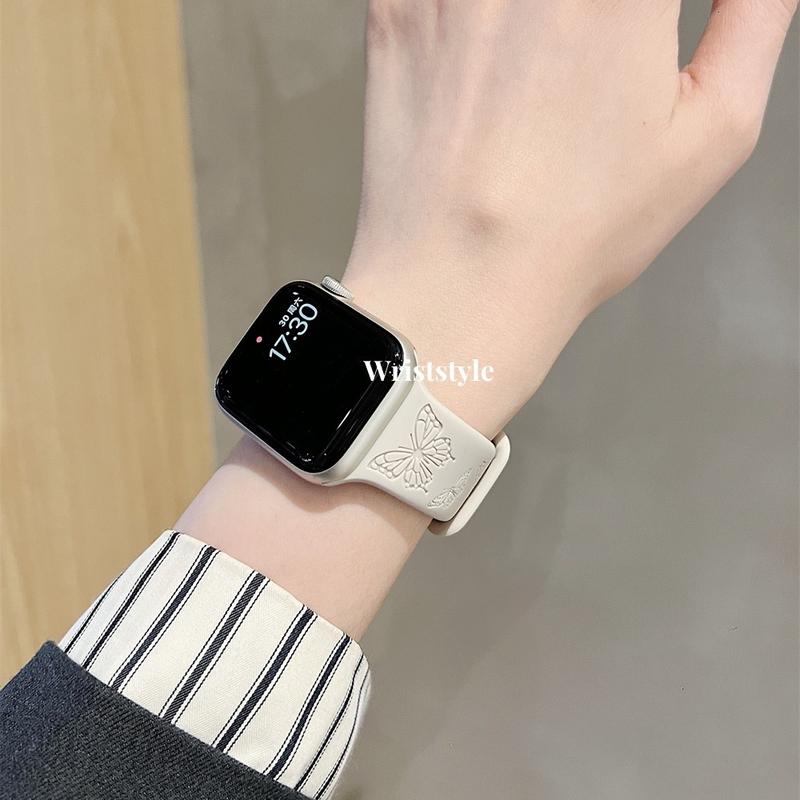 Dây đeo đồng hồ silicon hình bướm khóa đôi cho Apple Watch S9 /8/7/6/5/4/3/ 2 / 1 SE2 ULTRA, chất liệu silicon lỏng, dây đeo thay thế mềm cho iWatch 49MM 45 44 42 41 40 38, phong cách thanh lịch dễ thương cho phụ nữ