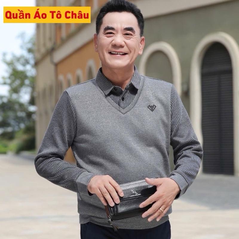    LOGO Thêu  Áo Len Nam Trung Niên Lót Nỉ Nhung Cao Cấp Tặng Bố 4 Màu Kẻ Nổi Bật Menswear Chất Liệu Len Dày Mềm Mịn Lớp Nỉ Siêu Ấm 