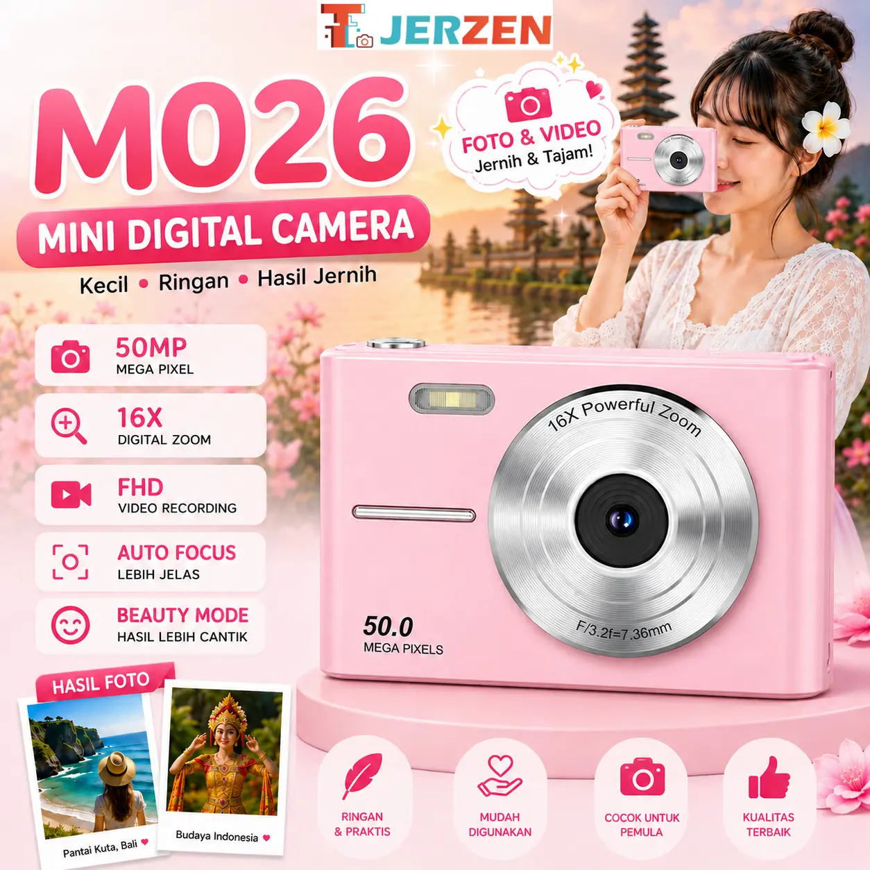 Kamera Digital Estetik Pink M26 & M026 Upgrade Layar 2.4 Inci | Kamera Foto & Video HD 1080P Pemula Mini Digital Camera Murah COD
