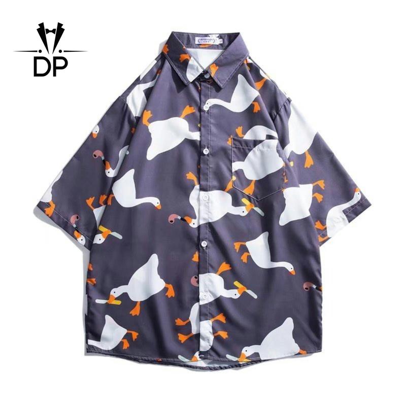 Product Introduction of Men Duck Print Short Sleeved Shirt Korean Version Of Fashionable  Unisex Harajuku Style Simple Top Loose Half Sleeved Shirt Men Large Size Shirt Tide Clothes 32